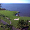 Aerial view of a green and a fairway with water coming into play at Links from Sandestin Resort