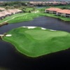 Aerial view of hole #17 surrounded by water at Legacy Golf Club