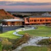 A view of the clubhouse and practice area at Streamsong Resort.