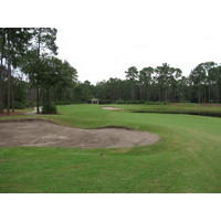 The 15th hole at Windsor Parke Golf Club squeezes a landing area between a bunker left and water right.